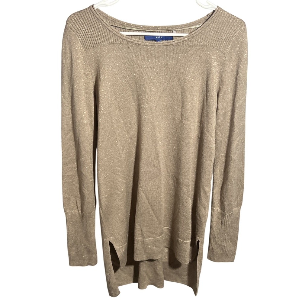 APT. 9 Women's M Champagne Gold Shimmer Sweater Long Sleeve Ribbed Side Slits